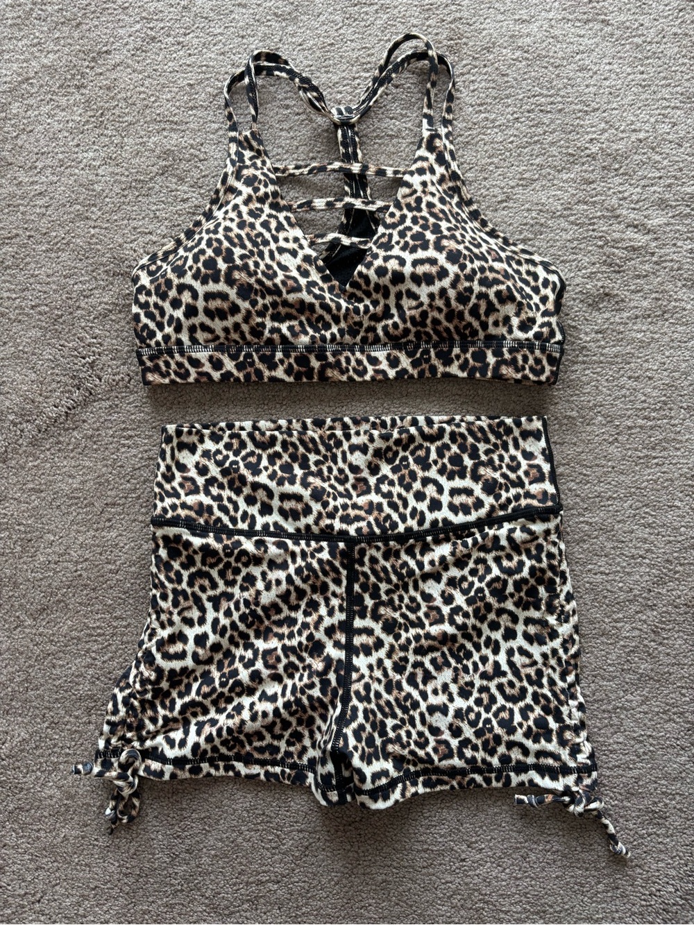 Leopard-Print Strappy Sports Bralette & High-Waist Shorts Set - Brown/Black